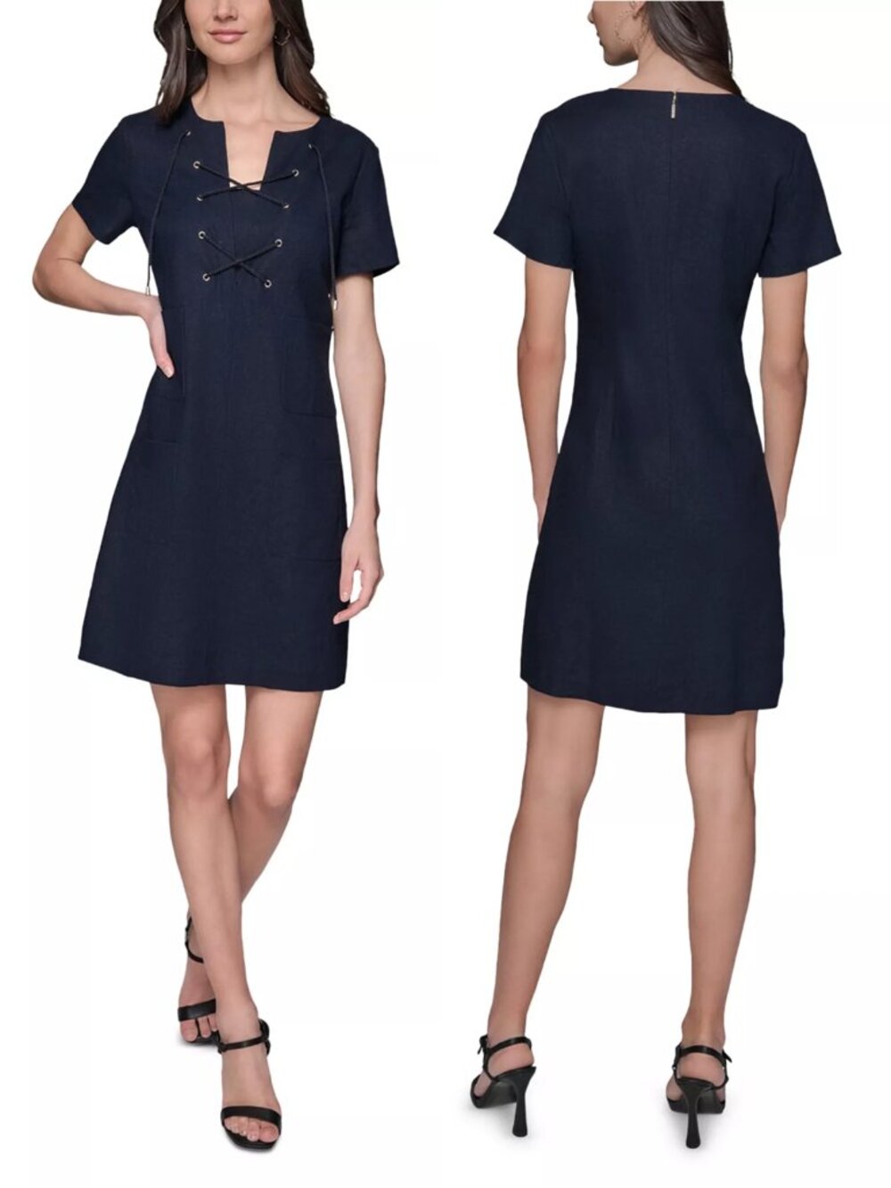 NWT New $138 Karl Lagerfeld Paris Linen Blend A Line Dress In Marine Size 2